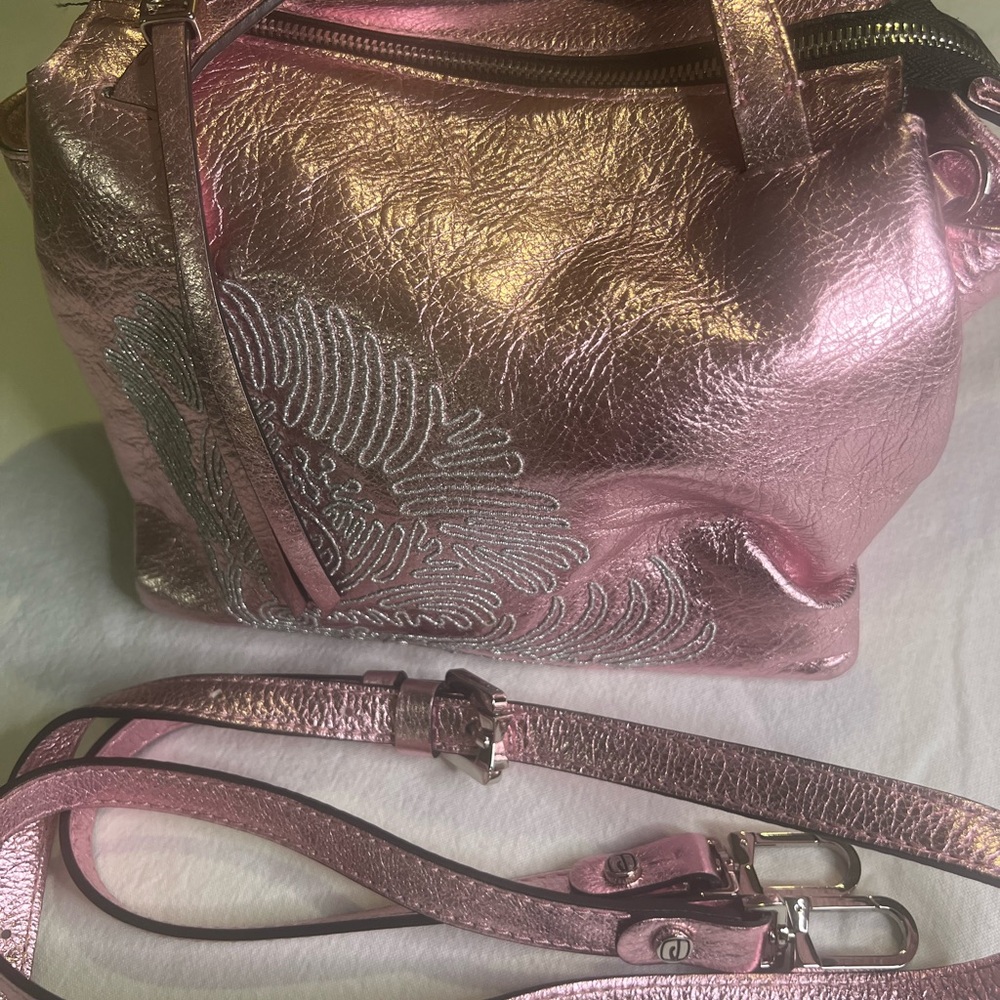 Metallic Pink Shoulder Bag with Embroidered Detail
